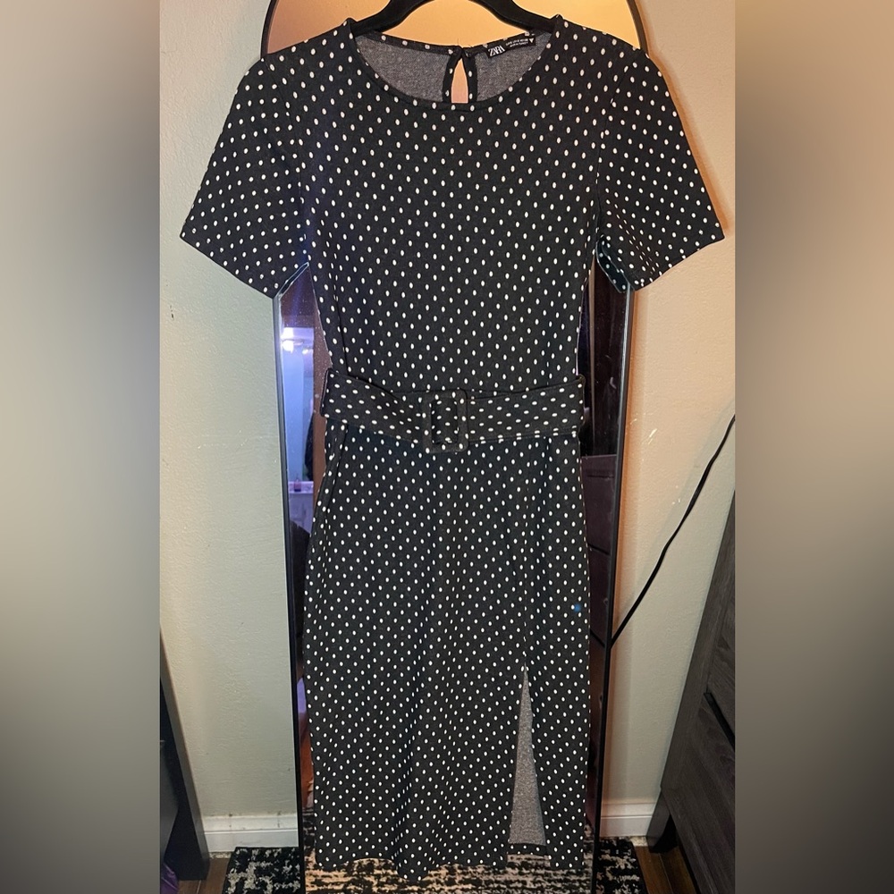 Zara Black and White Polka Dot Long Sleeve Dress